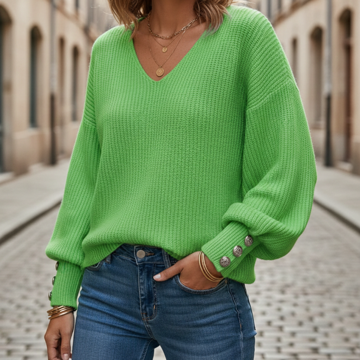 Suéter de punto de cuello en V para mujer casual