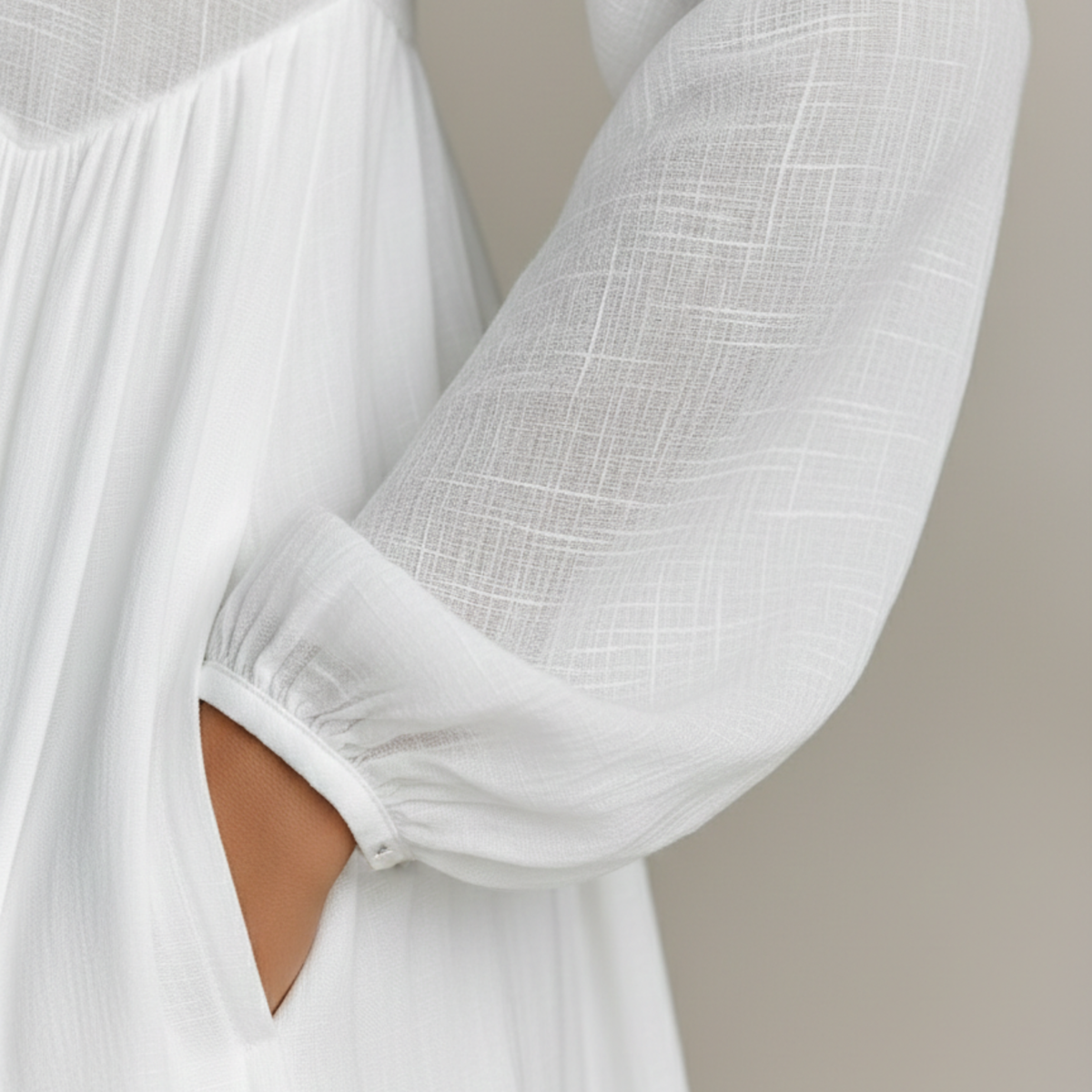 Robe longue en coton et lin patchwork col montant manches longues pour femme
