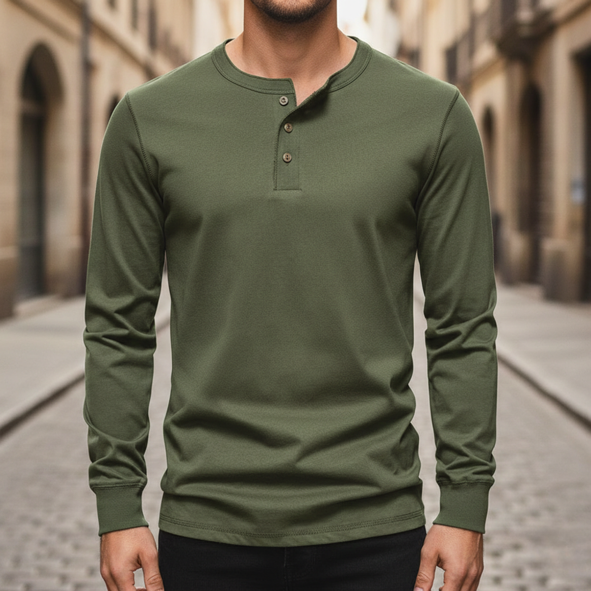 Camisa de manga larga Henley de algodón para hombres