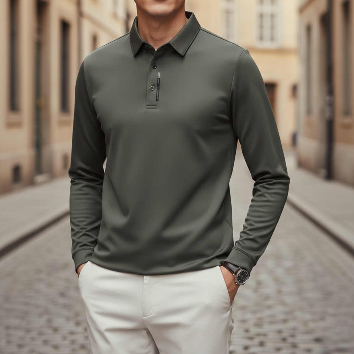 Polo à manches longues uni pour homme, style professionnel décontracté