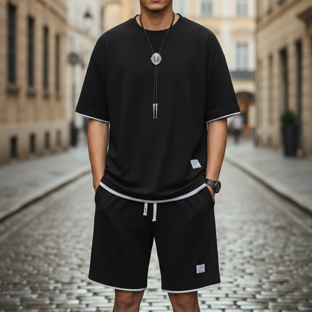 Ensemble détente tricot gaufré T-shirt manches courtes short homme