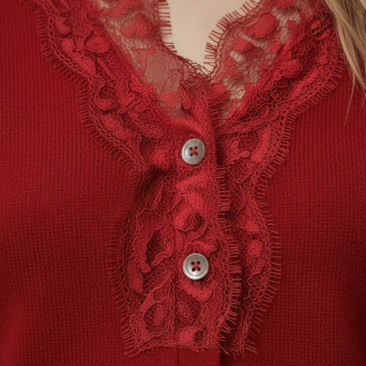 Cardigan Lace Trim V Neck Long Sleeve Women