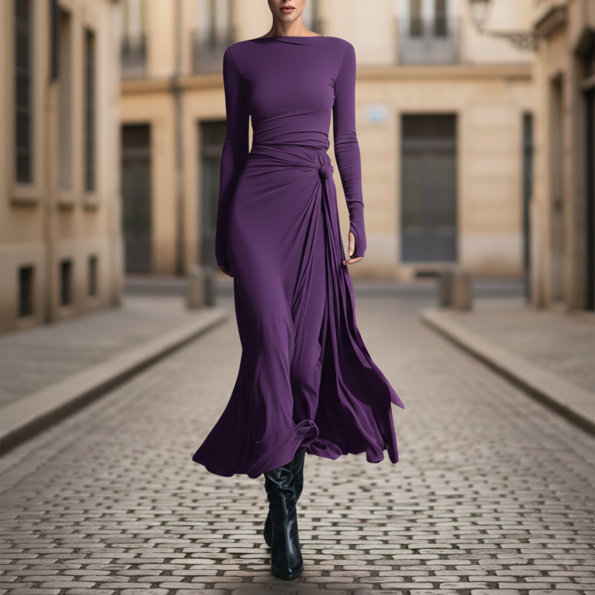 Midi Dress Side Knot Long Sleeve Full Length Women