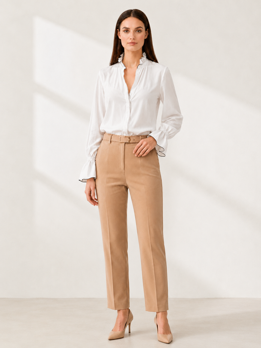 Women’s White Long-Sleeve Zip-Front Blouse