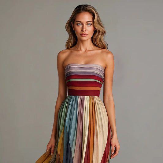 Ariella | Women's Strapless Colorful Pleated Maxi Dress Front