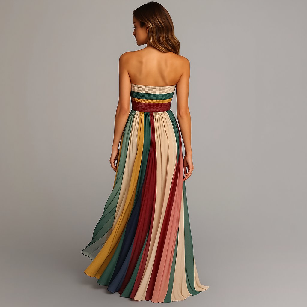 Ariella | Women's Strapless Colorful Pleated Maxi Dress Side
