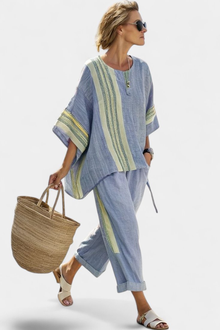 Avrille | Women's Striped Linen Two-Piece Set Boho Angle