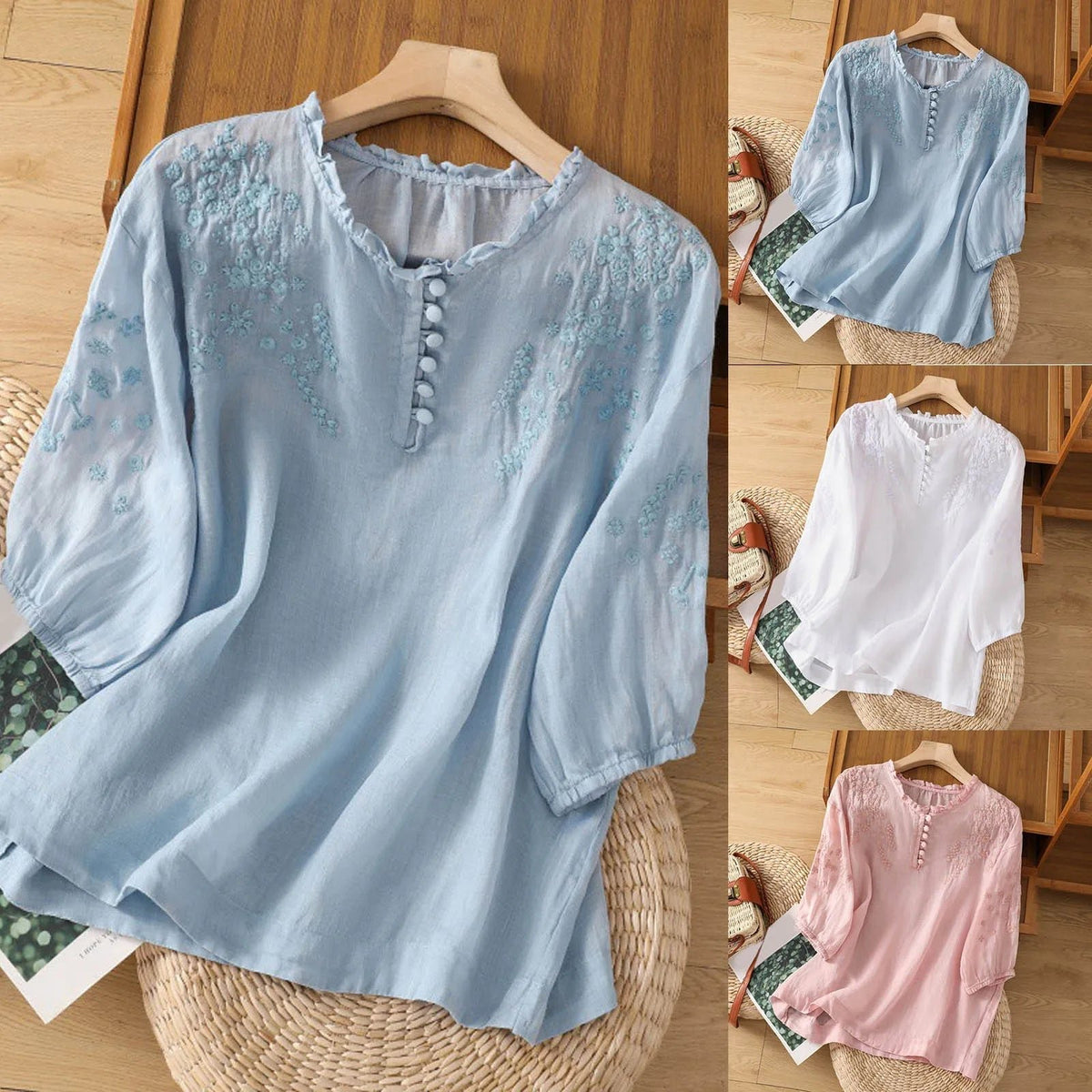 Celeste | Women's Embroidered Floral Button-Front Blouse Back