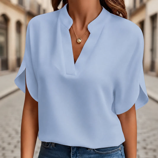 Silk Blouse V Neck Short Sleeve Women