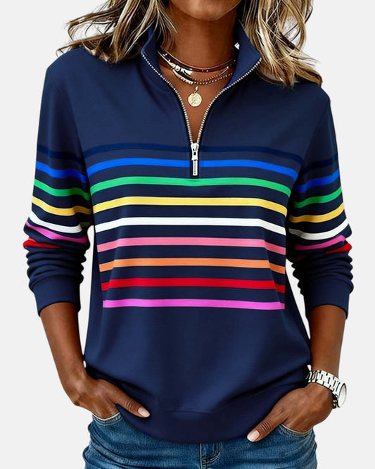 Juno | Women's Rainbow Striped Zip Sweatshirt Front