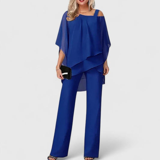 Mirelle | Women's Elegant Chiffon Overlay Two-Piece Pant Set Front