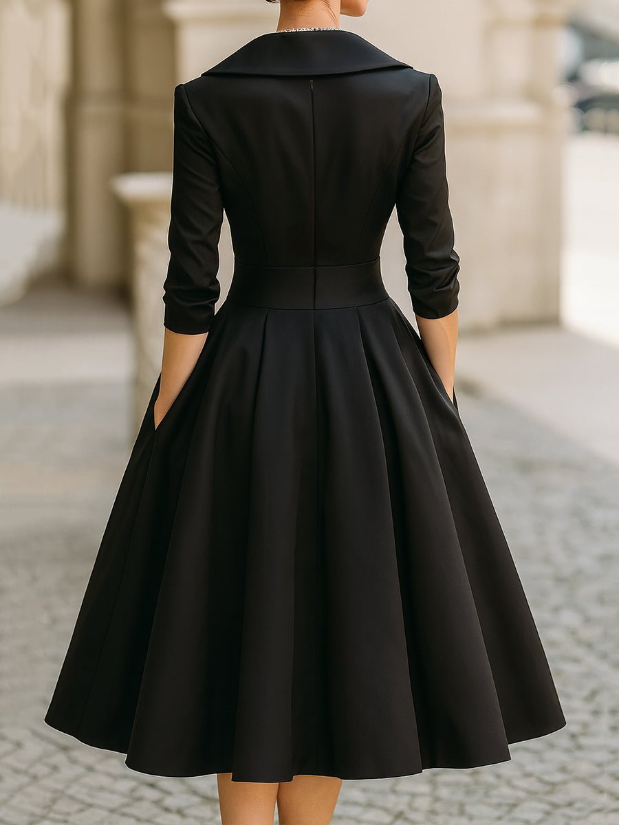 Primavera | Women's Elegant Wide Lapel Midi Dress Close Up