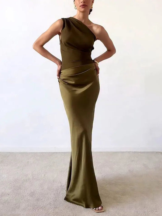 Serenity | Women's Elegant One Shoulder Pleated Maxi Dress Front