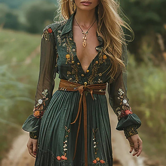 Violetta | Women's Bohemian Floral Embroidered Maxi Dress Front