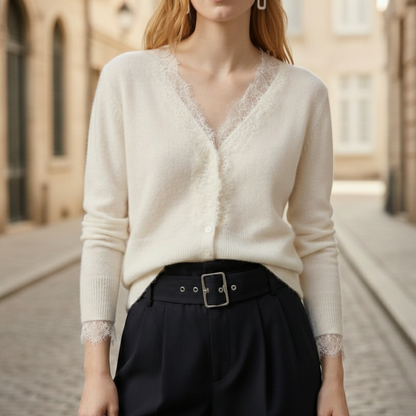 Cardigan Lace Trim V Neck Long Sleeve Women