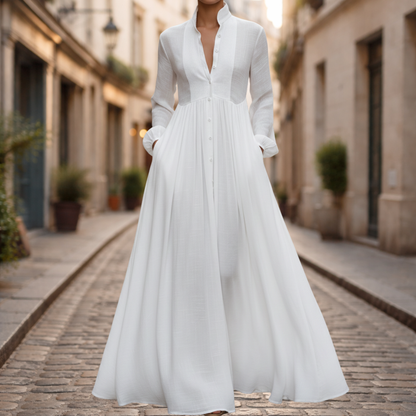 Robe longue en coton et lin patchwork col montant manches longues pour femme