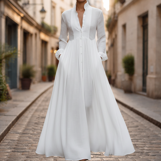 Maxi Dress Cotton Linen Patchwork High Neck Long Sleeve Women