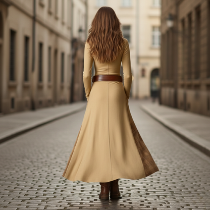 Maxi Dress Suede Plaid Long Sleeve Women