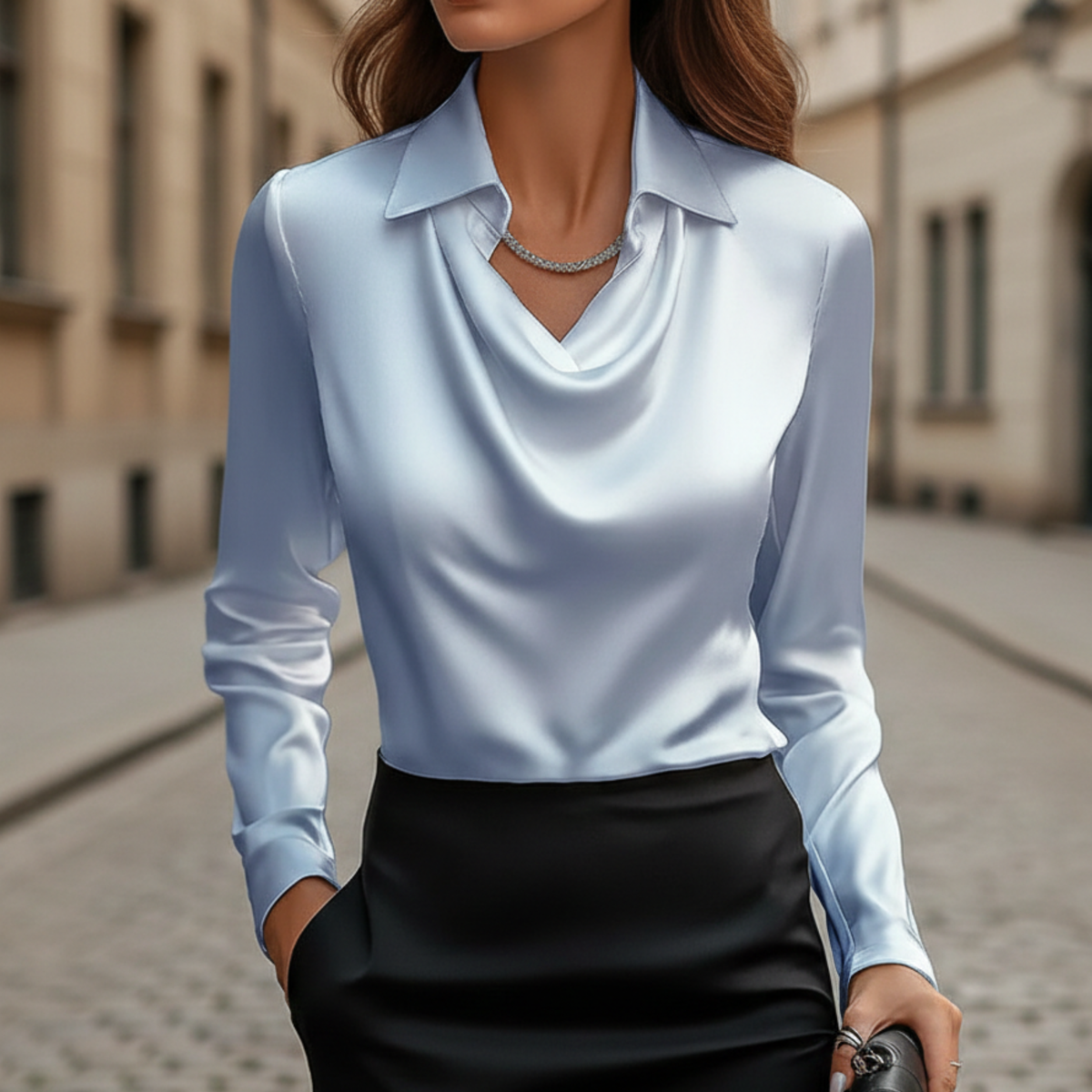 Womens blouse draped cowl neck long sleeve