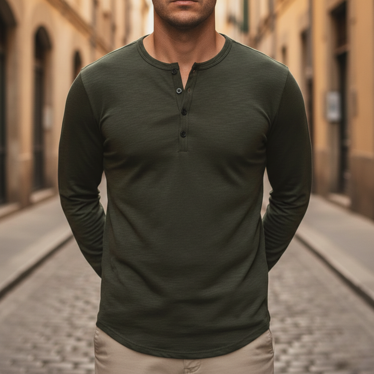 Shirt Long Sleeve Button Neck Men