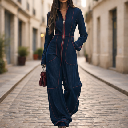 Combinaison en jean à jambes larges manches longues décontractée pour femme