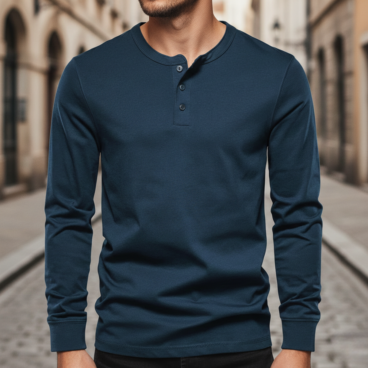 Camisa de manga larga Henley de algodón para hombres