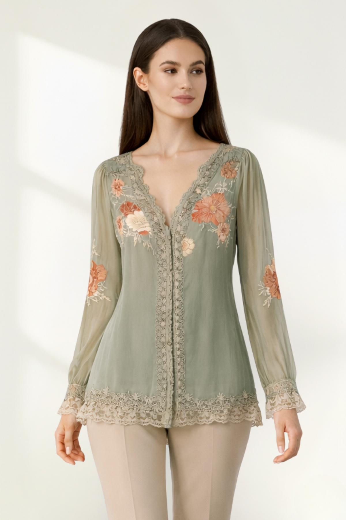 Blusa de Encaje de Gasa Floral de Manga Larga para Mujeres