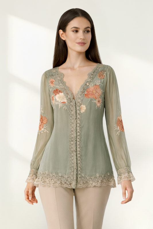 Women’s Chiffon Lace Floral Long-Sleeve Blouse
