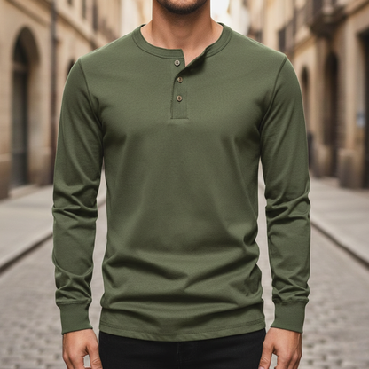 Camisa de manga larga Henley de algodón para hombres
