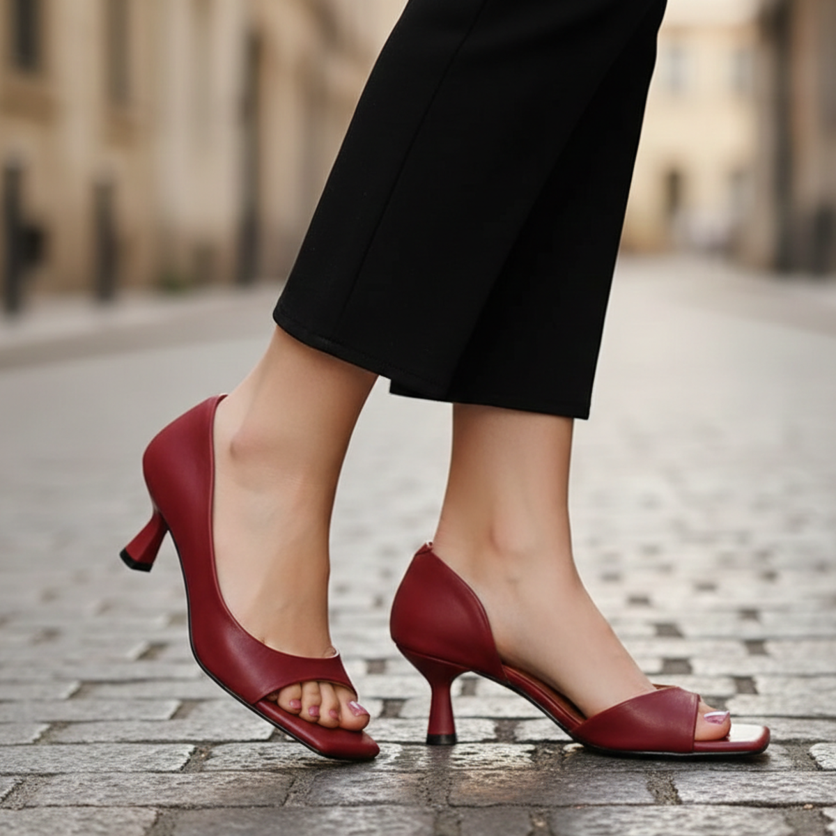 Leather Heels Square Toe Mid Heel Womens