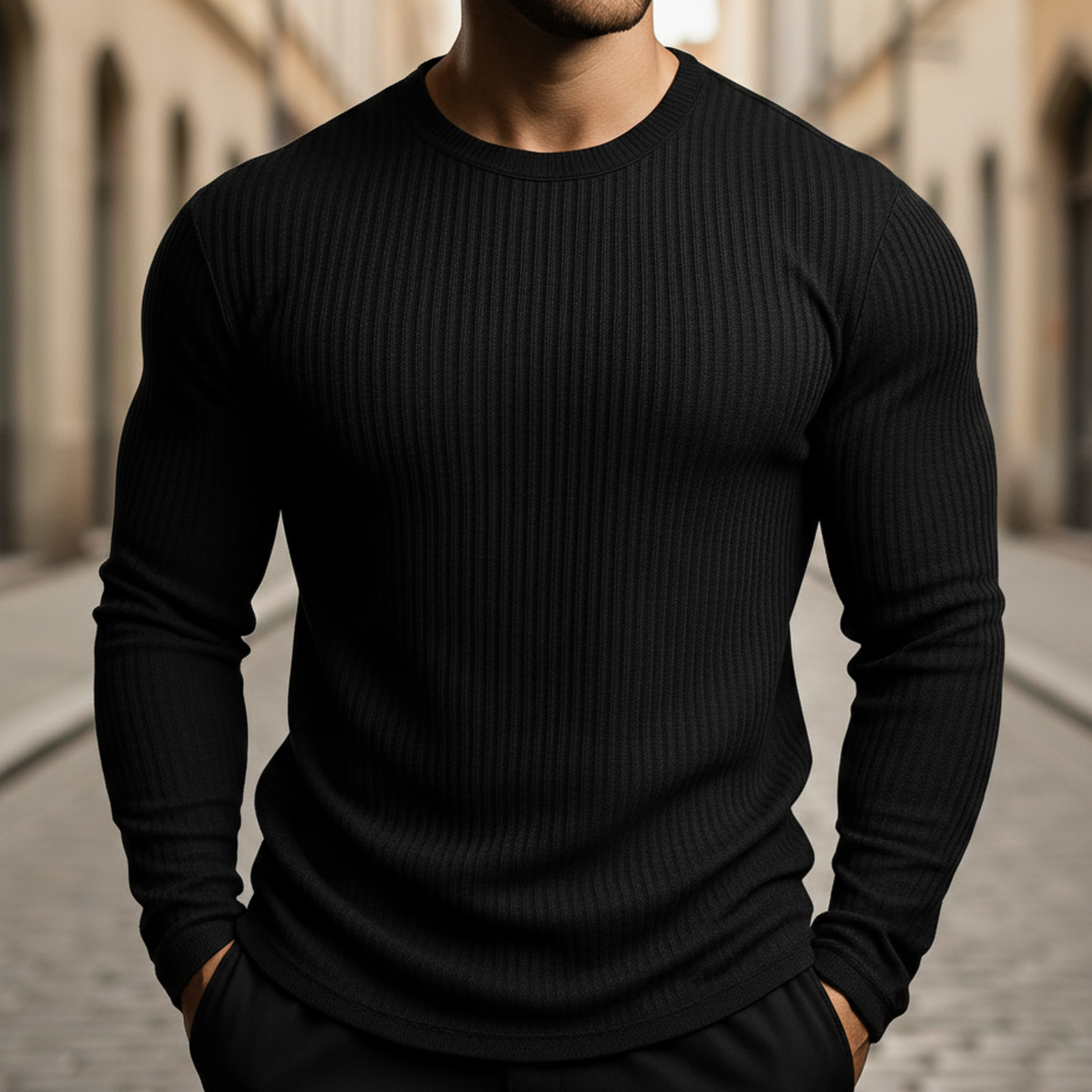 Sweater Rib Knit Long Sleeve Crewneck Men