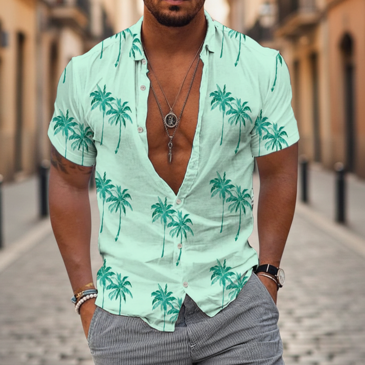 Camisa de Manga Corta con Estampado de Palmas para Hombre