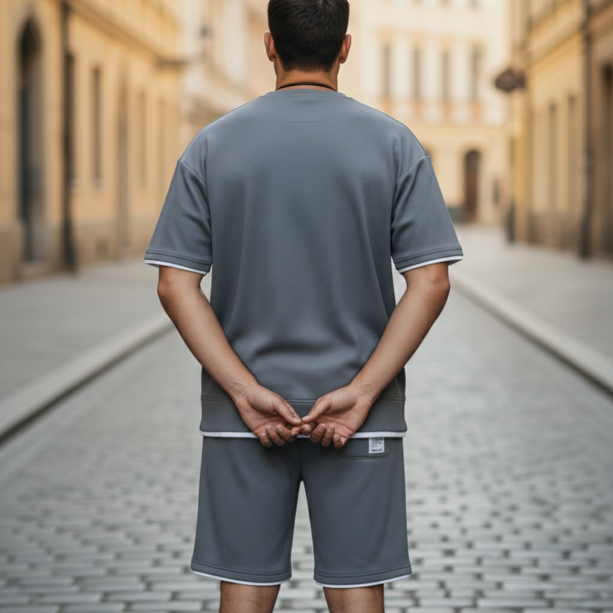 Ensemble détente tricot gaufré T-shirt manches courtes short homme