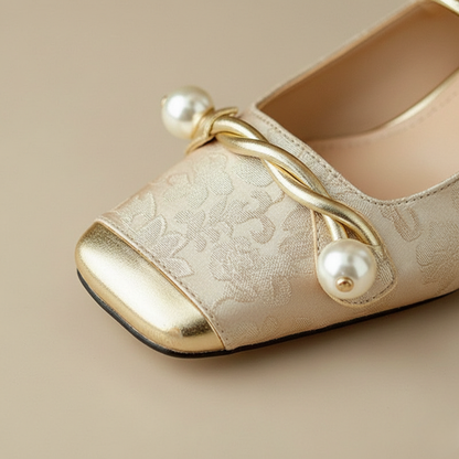 Square Toe Heels Floral Embossed Block Heel Strap Women