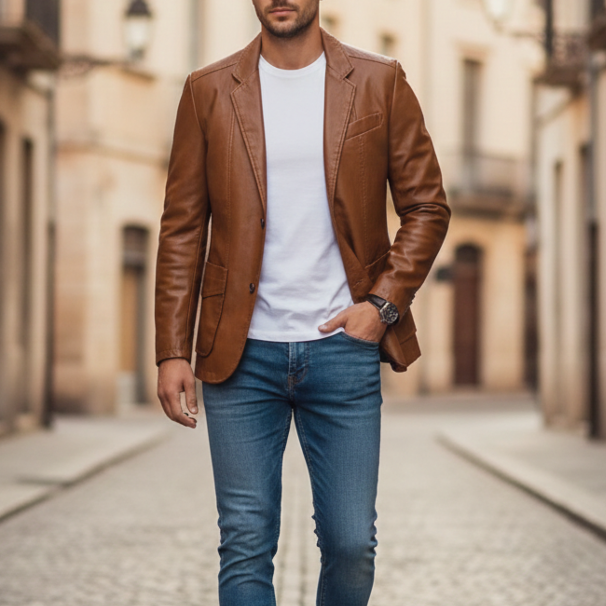 Leather Blazer Jacket Single Breasted Men
