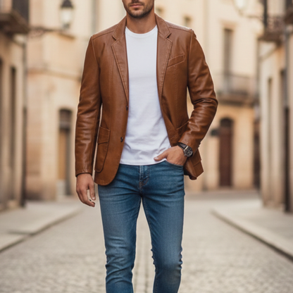Leather Blazer Jacket Single Breasted Men