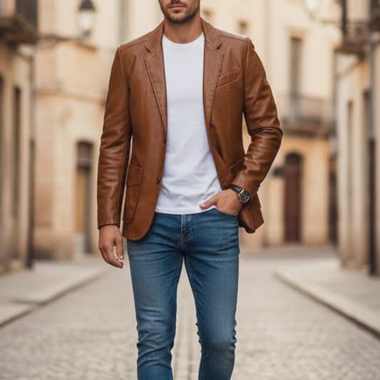 Leather Blazer Jacket Single Breasted Men