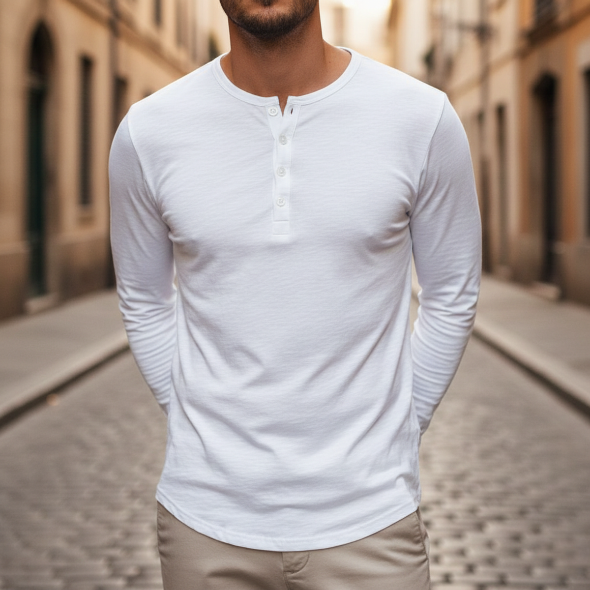 Shirt Long Sleeve Button Neck Men
