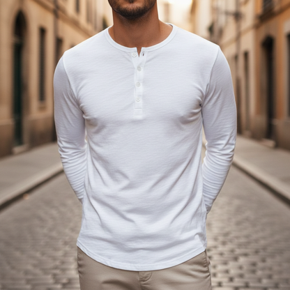 Shirt Long Sleeve Button Neck Men