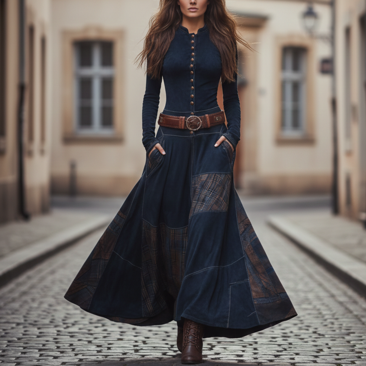 Maxi Dress Suede Plaid Long Sleeve Women