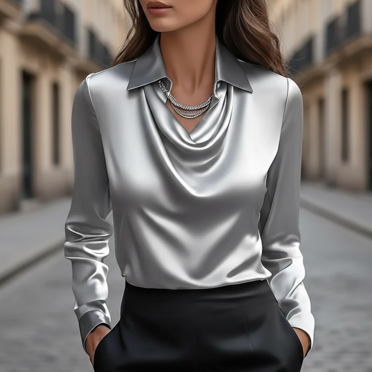 Womens blouse draped cowl neck long sleeve