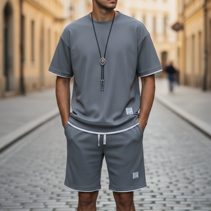 Ensemble détente tricot gaufré T-shirt manches courtes short homme