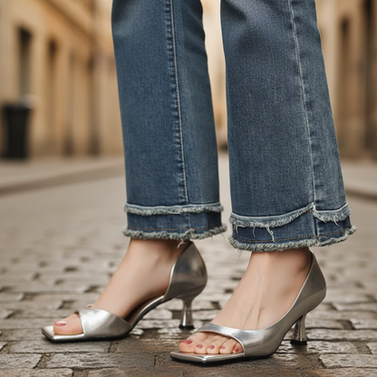 Leather Heels Square Toe Mid Heel Womens