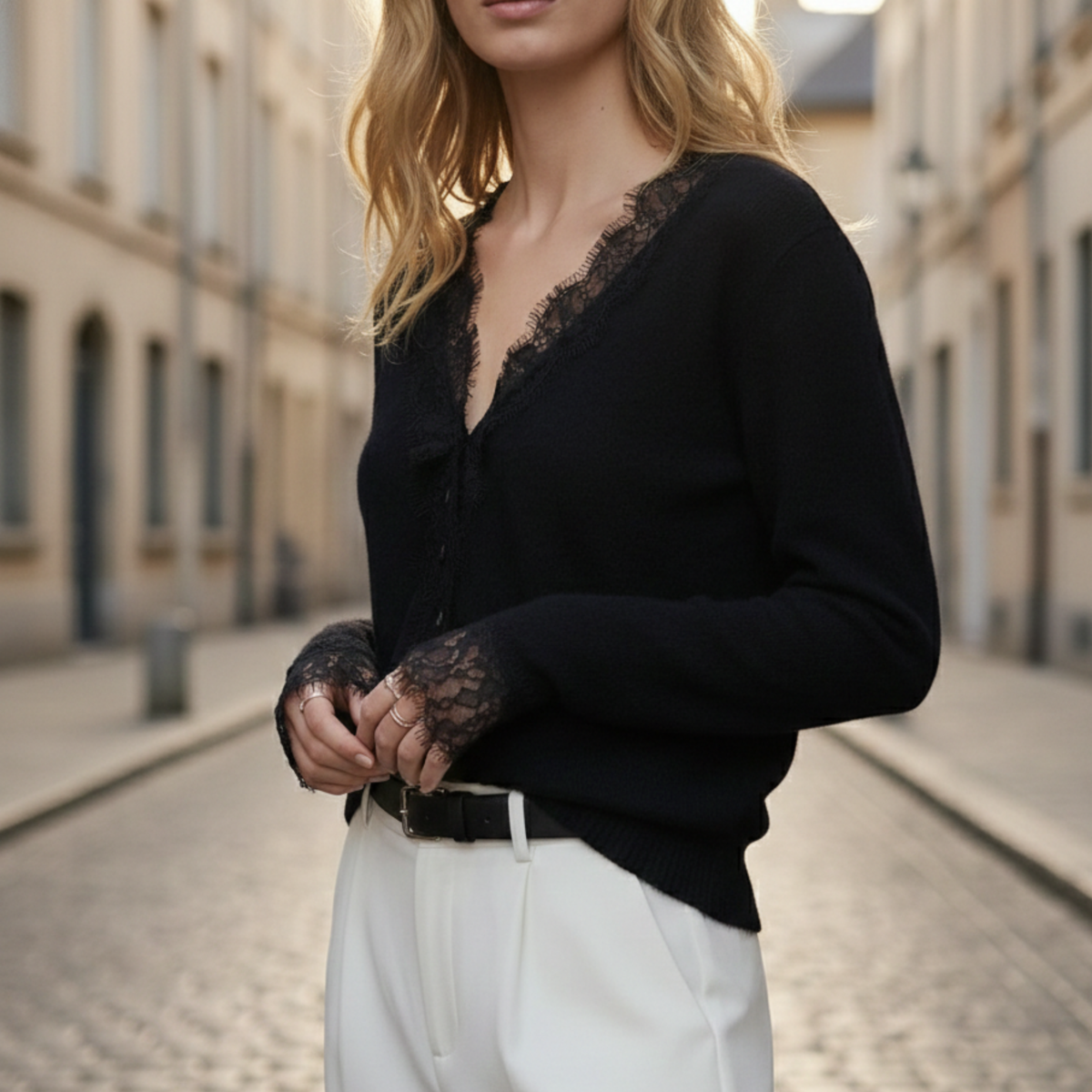 Cardigan Lace Trim V Neck Long Sleeve Women