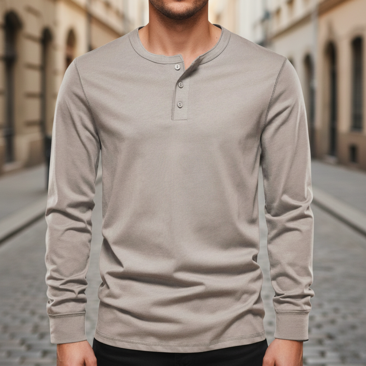 Camisa de manga larga Henley de algodón para hombres