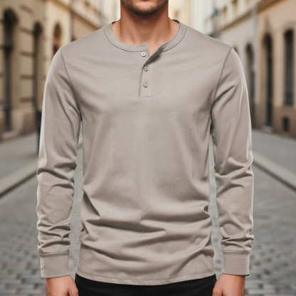 Camisa de manga larga Henley de algodón para hombres