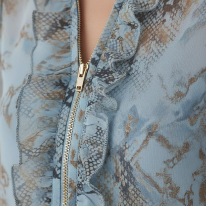 Ruffled Zip Front Chiffon Blouse Blue Print Women