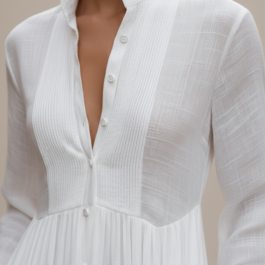 Maxi Dress Cotton Linen Patchwork High Neck Long Sleeve Women