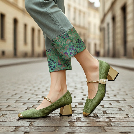 Square Toe Heels Floral Embossed Block Heel Strap Women