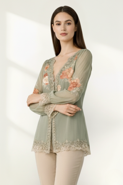 Blusa de Encaje de Gasa Floral de Manga Larga para Mujeres